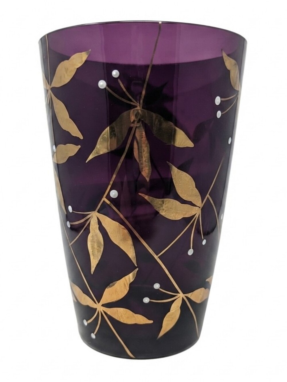 1960s Bohemian Glass Purple & Gold Hand-Painted Vase, Czech Republic CZ Crafted